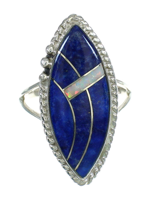 Lapis And Opal Inlay Sterling Silver Southwestern Ring Size 7-3/4 AX88117